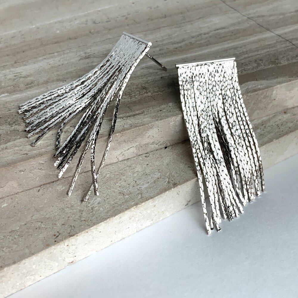 NEW~ Anthropologie Silver Slinky Fringe Drop Earrings